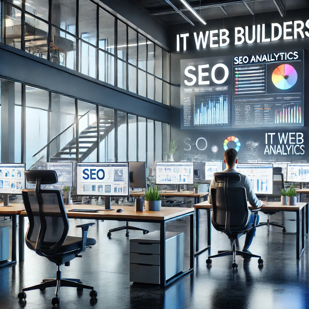 DALL·E 2025-02-03 13.08.14 - A modern office of IT Web Builders with a sleek, professional environment. The office features a large glass window, ergonomic desks, and multiple mon
